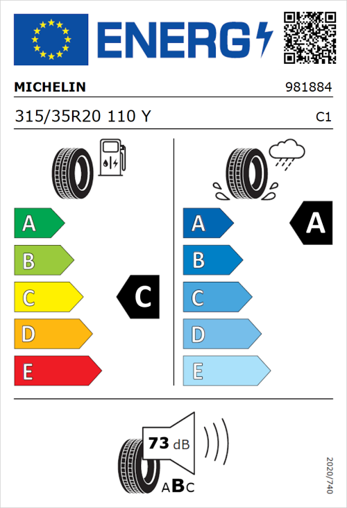 Tyre Label for Michelin Pilot Sport 4 315/35R20 110Y