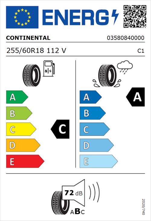 Tyre Label for Continental PremiumContact 6 255/60R18 112V