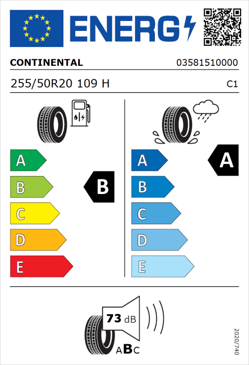 Tyre Label for Continental PremiumContact 6 255/50R20 109H
