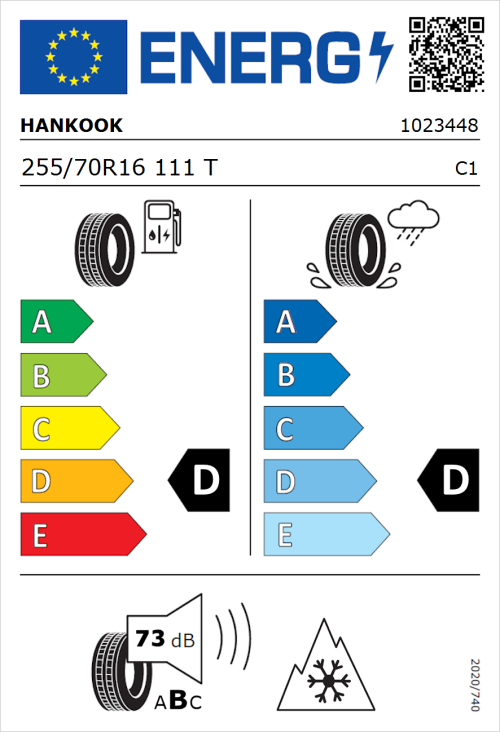 Tyre Label for Hankook Dynapro AT2 (RF11) 255/70R16 111T