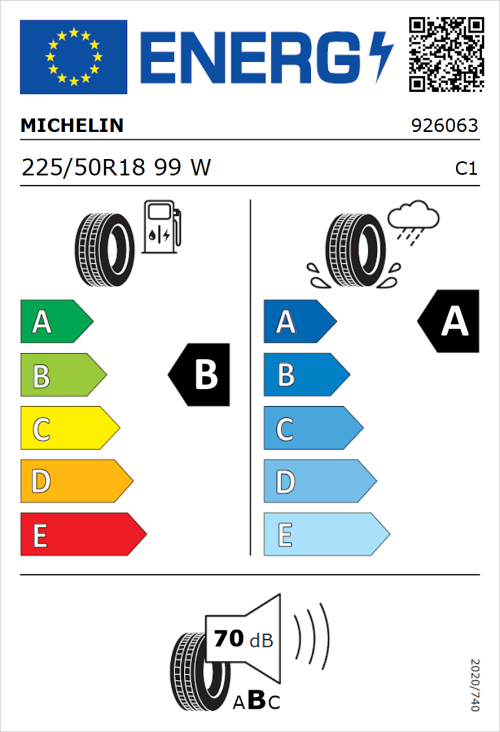 Tyre Label for Michelin Primacy 4+ 225/50R18 99W