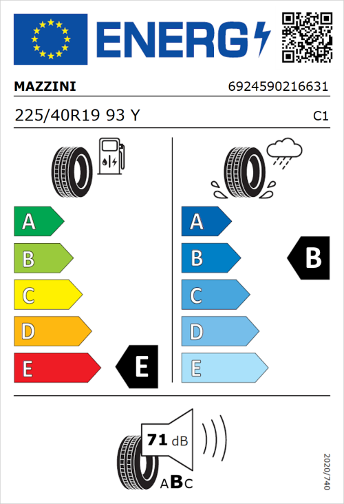 Tyre Label for Mazzini Supersport Chaser 225/40R19 93Y