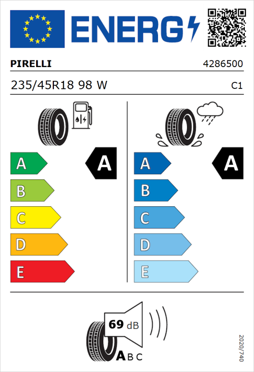 Tyre Label for Pirelli P ZERO E 235/45R18 98W