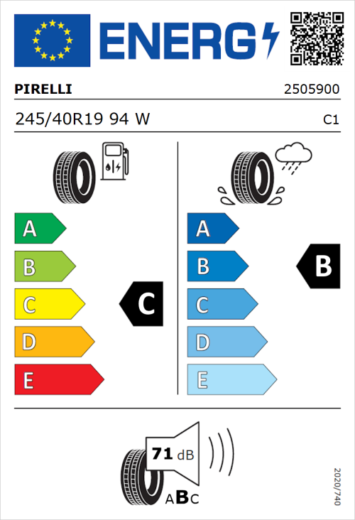 Tyre Label for Pirelli Cinturato P7 (Seal) 245/40R19 94W
